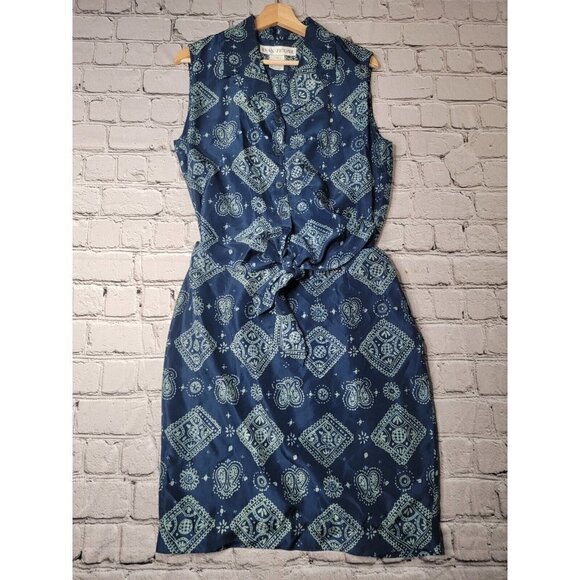 Evan Picone 100% Silk Blue Geometric Print Cutout Middle Collared Dress Size 10 - Picture 1 of 15